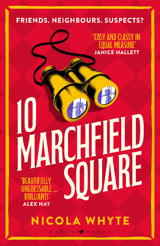 Book cover of '10 Marchfield Square' with binoculars and red background