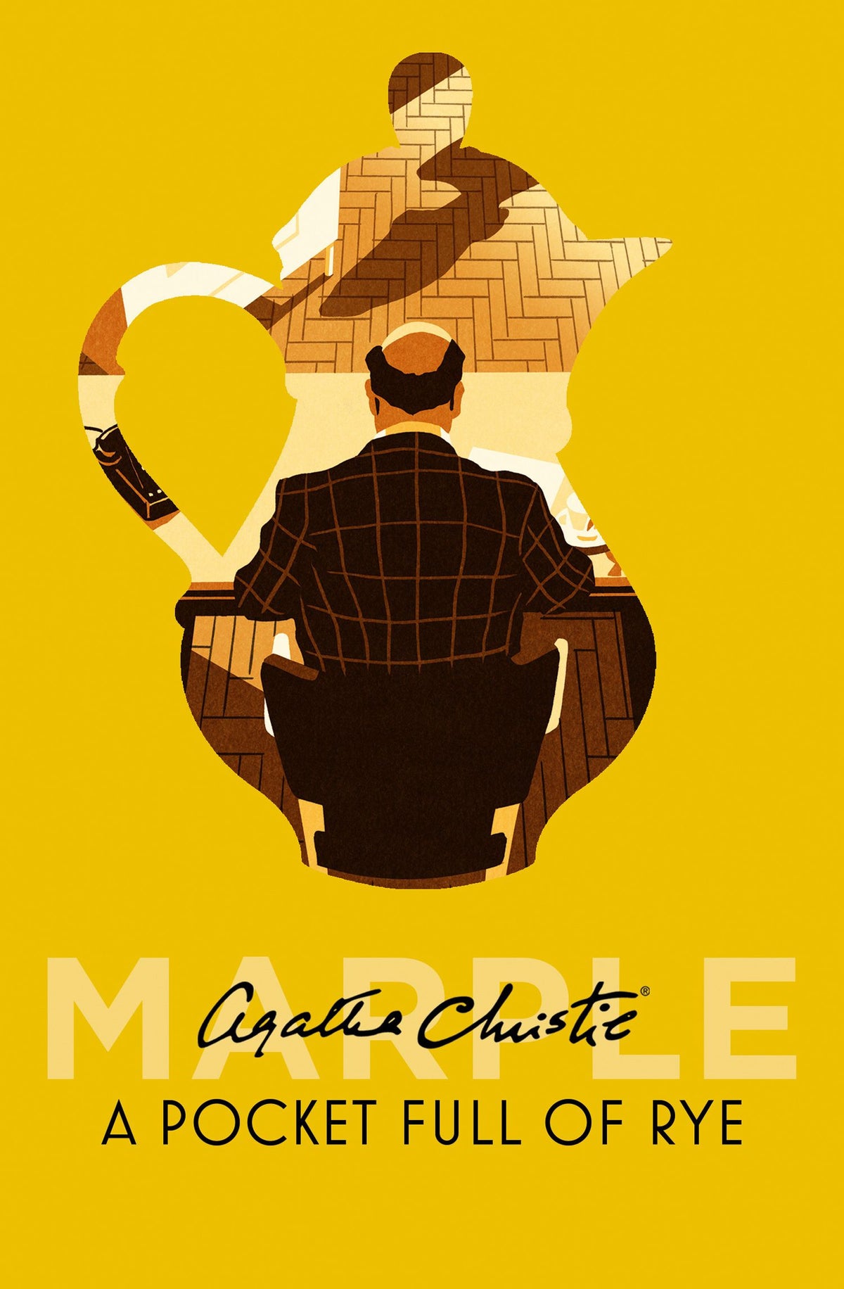 Book cover of 'A Pocket Full of Rye' by Agatha Christie with a stylized illustration of a man and a teapot.