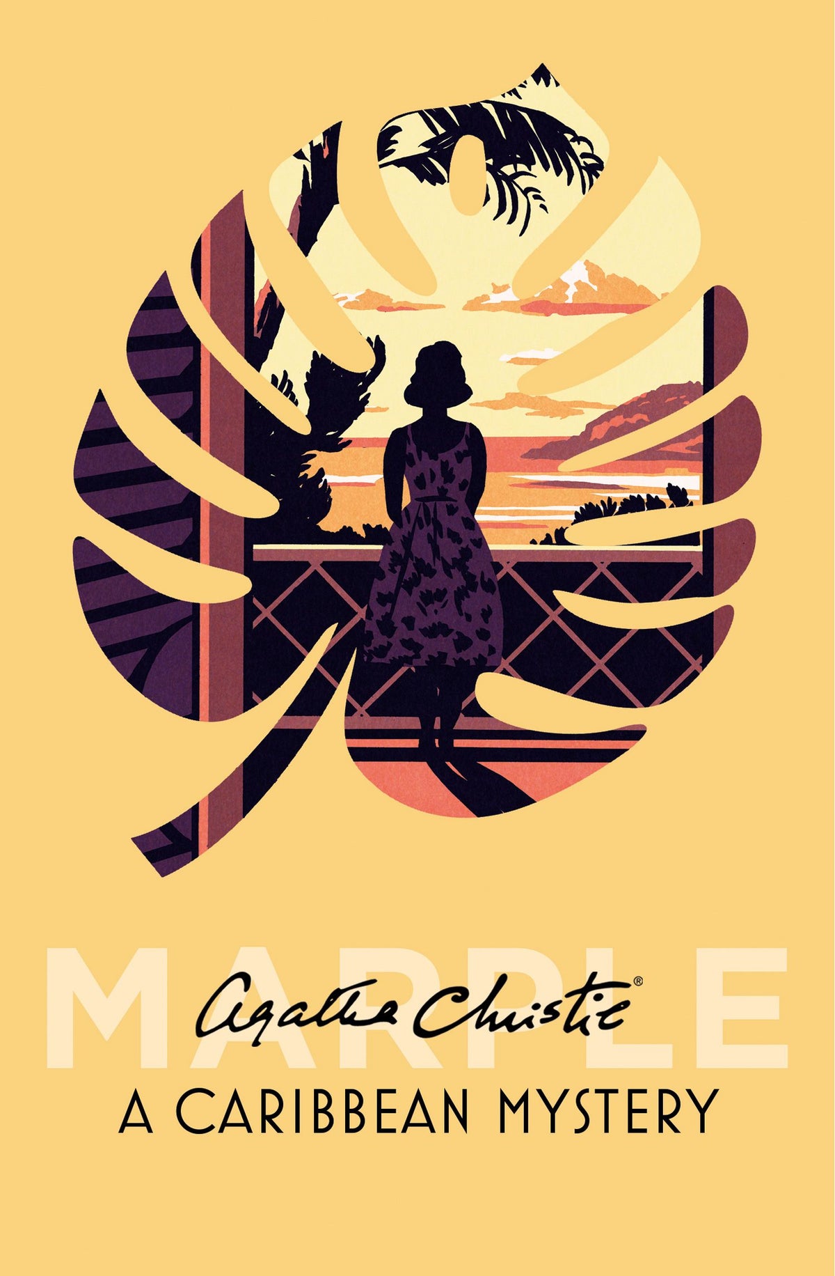 Book cover of 'Murder in the Mauve' by Agatha Christie with a stylized illustration of a woman and a cat.
