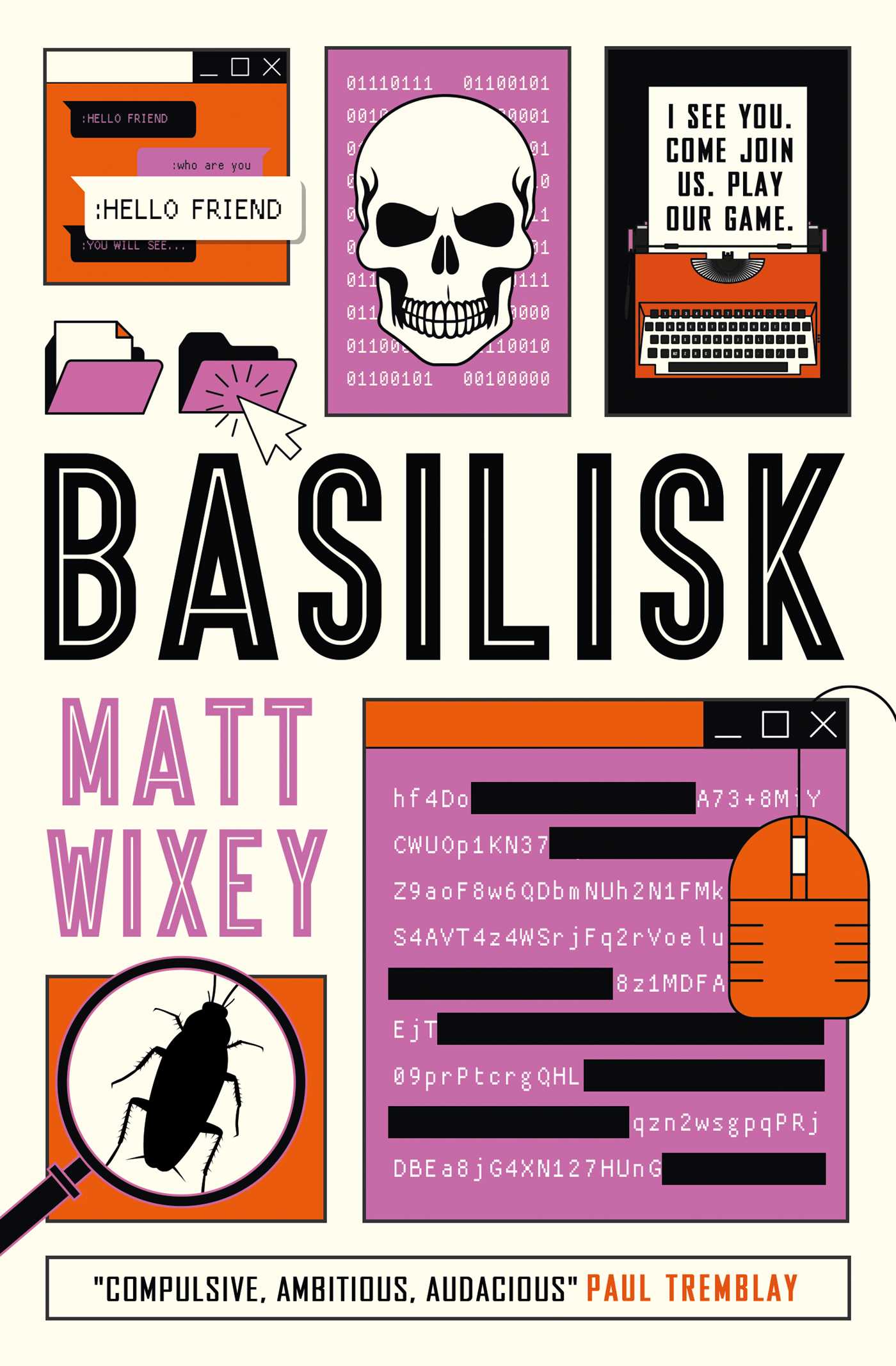 Book cover of 'Basilisk' by Matt Wixey with computer-themed graphics and text.
