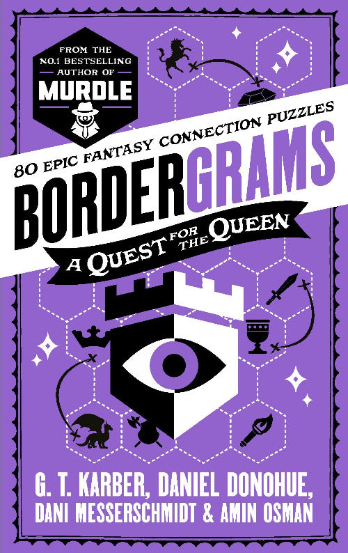 Book cover of 'Bordergrams: A Quest for the Queen' with fantasy design elements on a purple background.