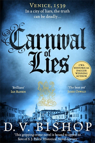 Book cover of 'Carnival of Lies' by D.V. Bishop with a blue-toned cityscape in the background.