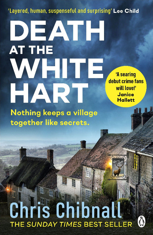 Book cover of 'Death at the White Hart' by Chris Chibnall with a village scene and pub.