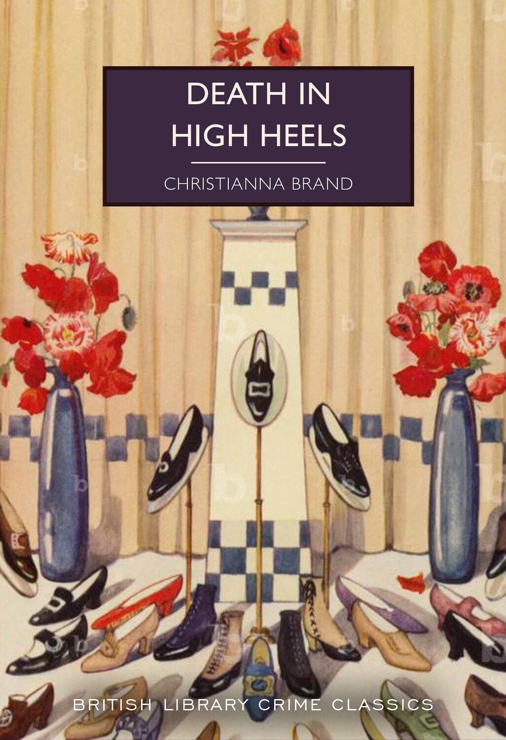 Book cover with many 1940s style shoes. Book title death in high heels. Author Christianna Brand.