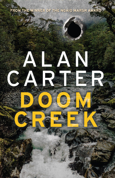 Book cover of 'Doom Creek' by Alan Carter with a river and forest background.