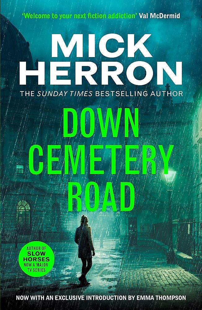 Book cover of 'Down Cemetery Road' by Mick Herron with a silhouette of a person walking on a cemetery path.
