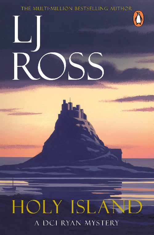 Book cover for 'Holy Island' by LJ Ross, featuring a stylized illustration of a castle on a rocky island at sunset, with the Penguin logo in the top right.