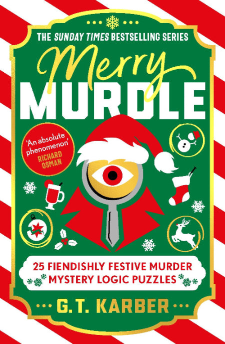 Book cover of 'Merry Murdle' with festive design and text about murder mystery logic puzzles.