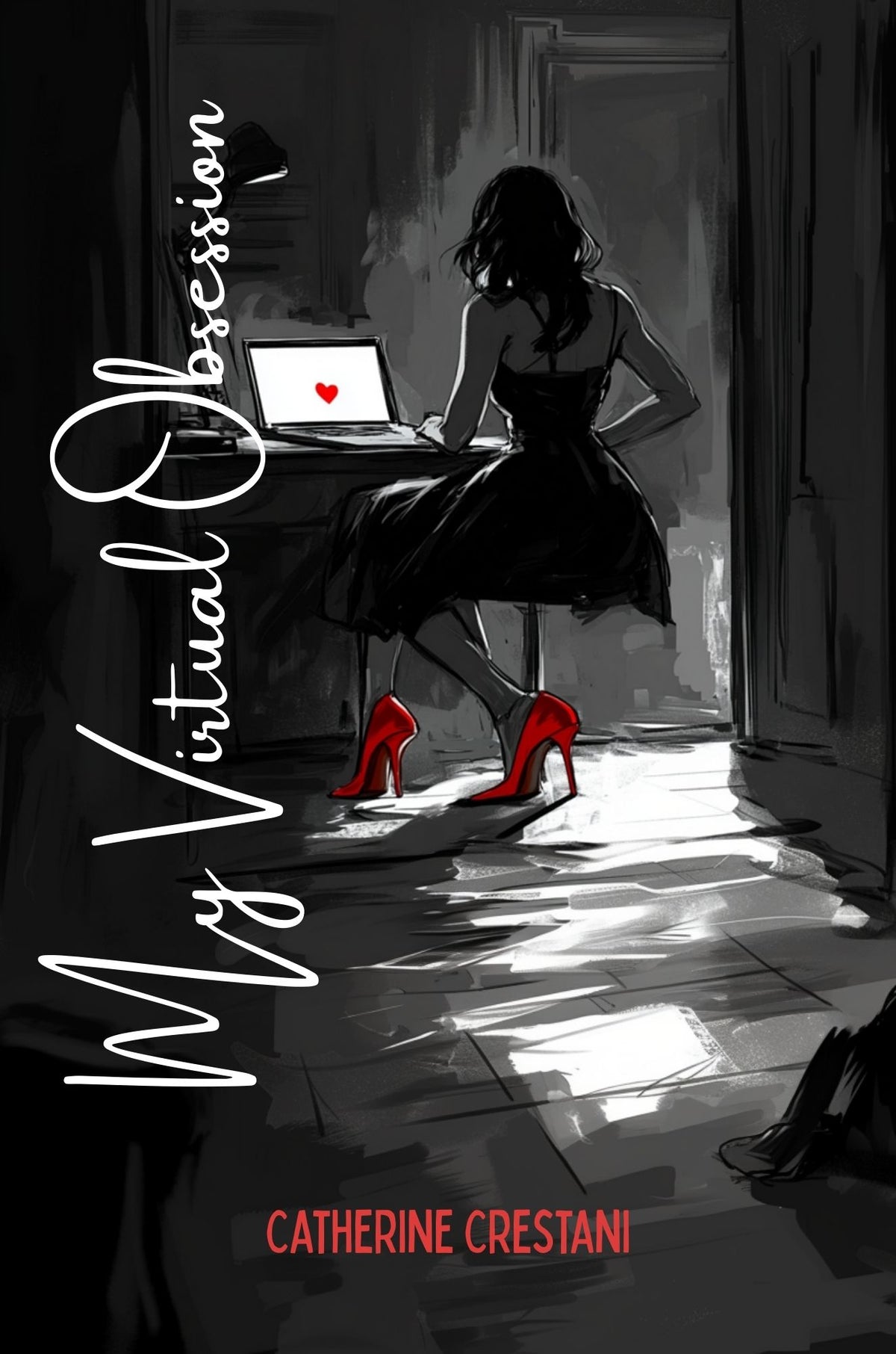 Illustration of a woman sitting at a desk with a laptop, wearing high heels, in a dimly lit room.