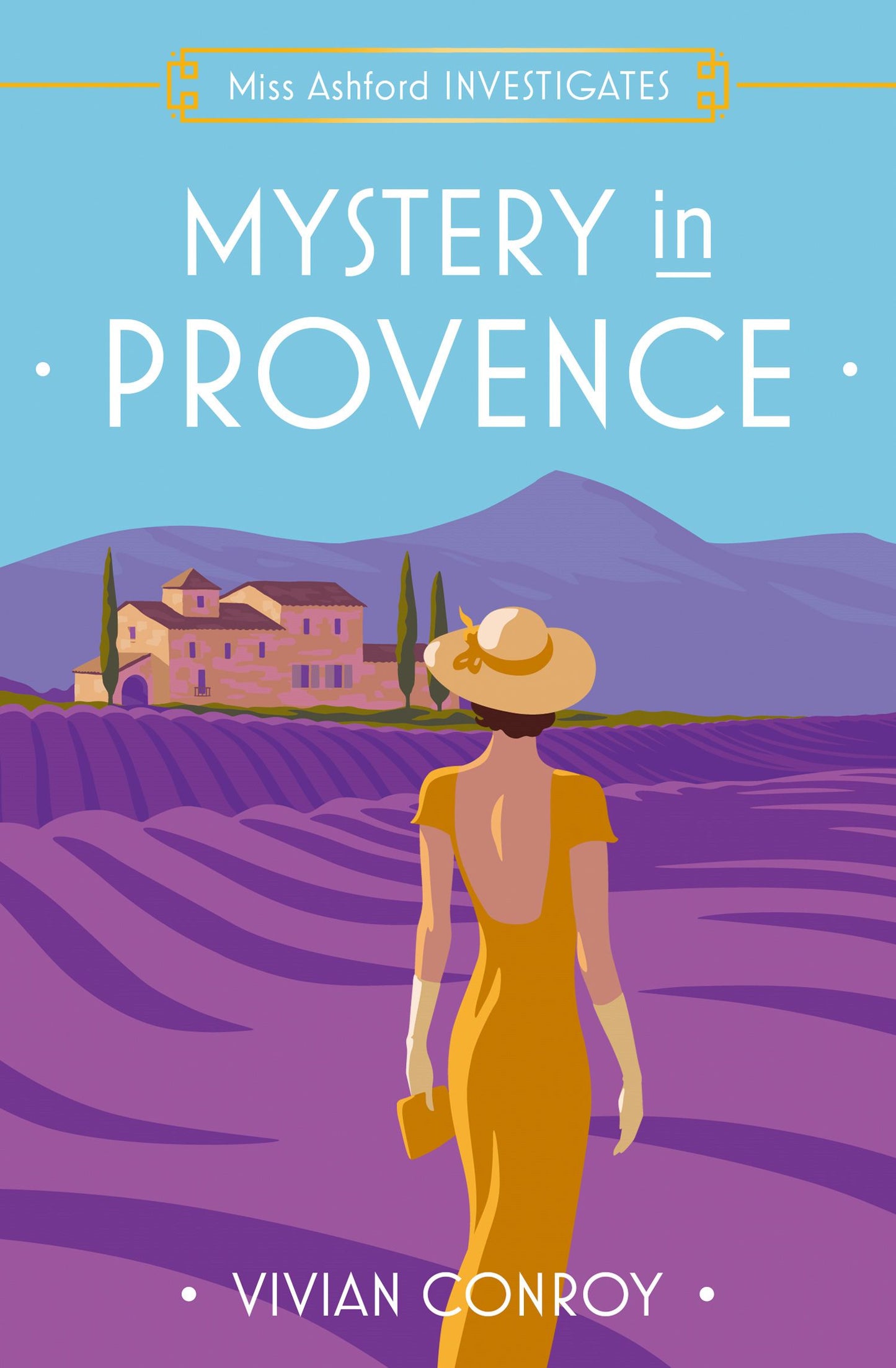 Book cover of 'Mystery in Provence' with a woman in a yellow dress and hat standing in a lavender field.