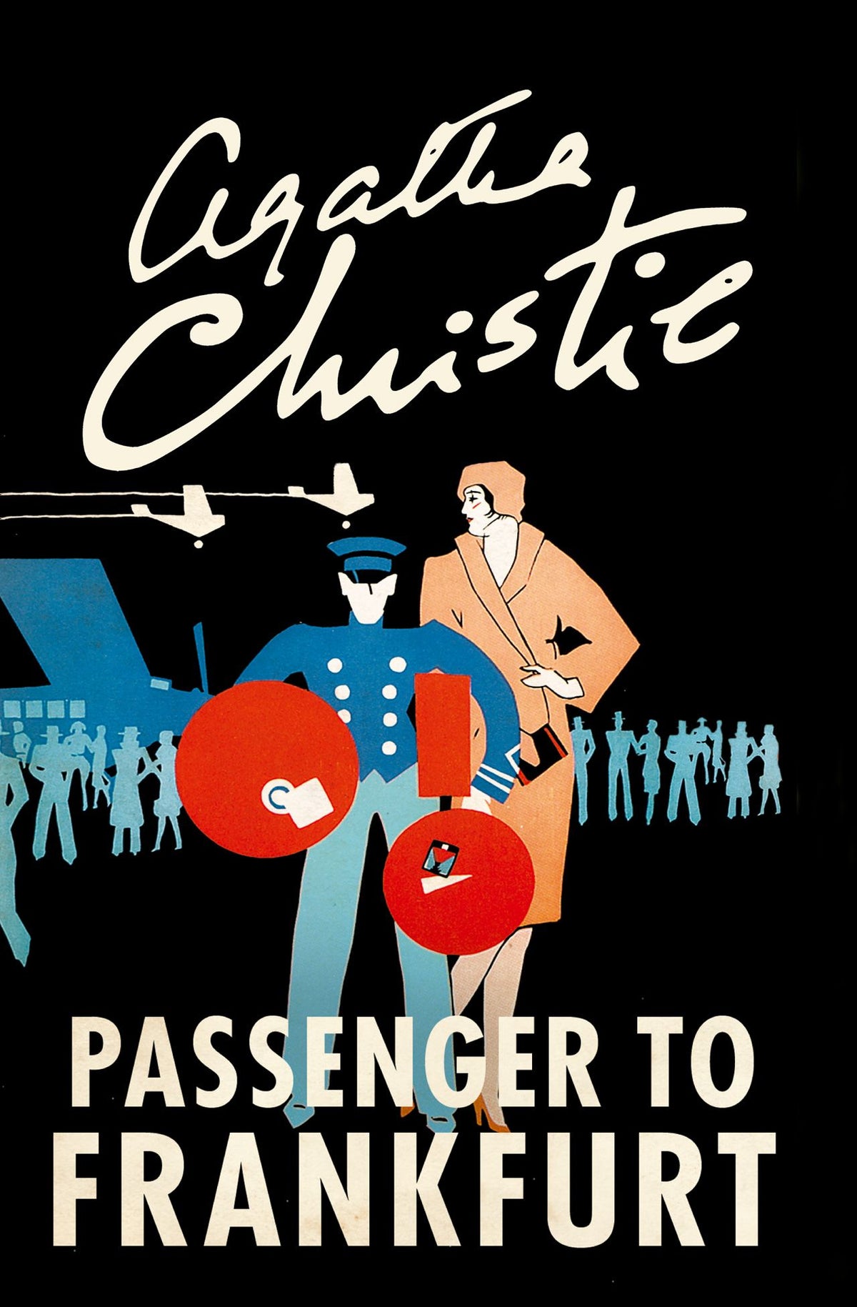 Book cover of 'Passenger to Frankfurt' by Agatha Christie with a stylized illustration of a man and woman with luggage.