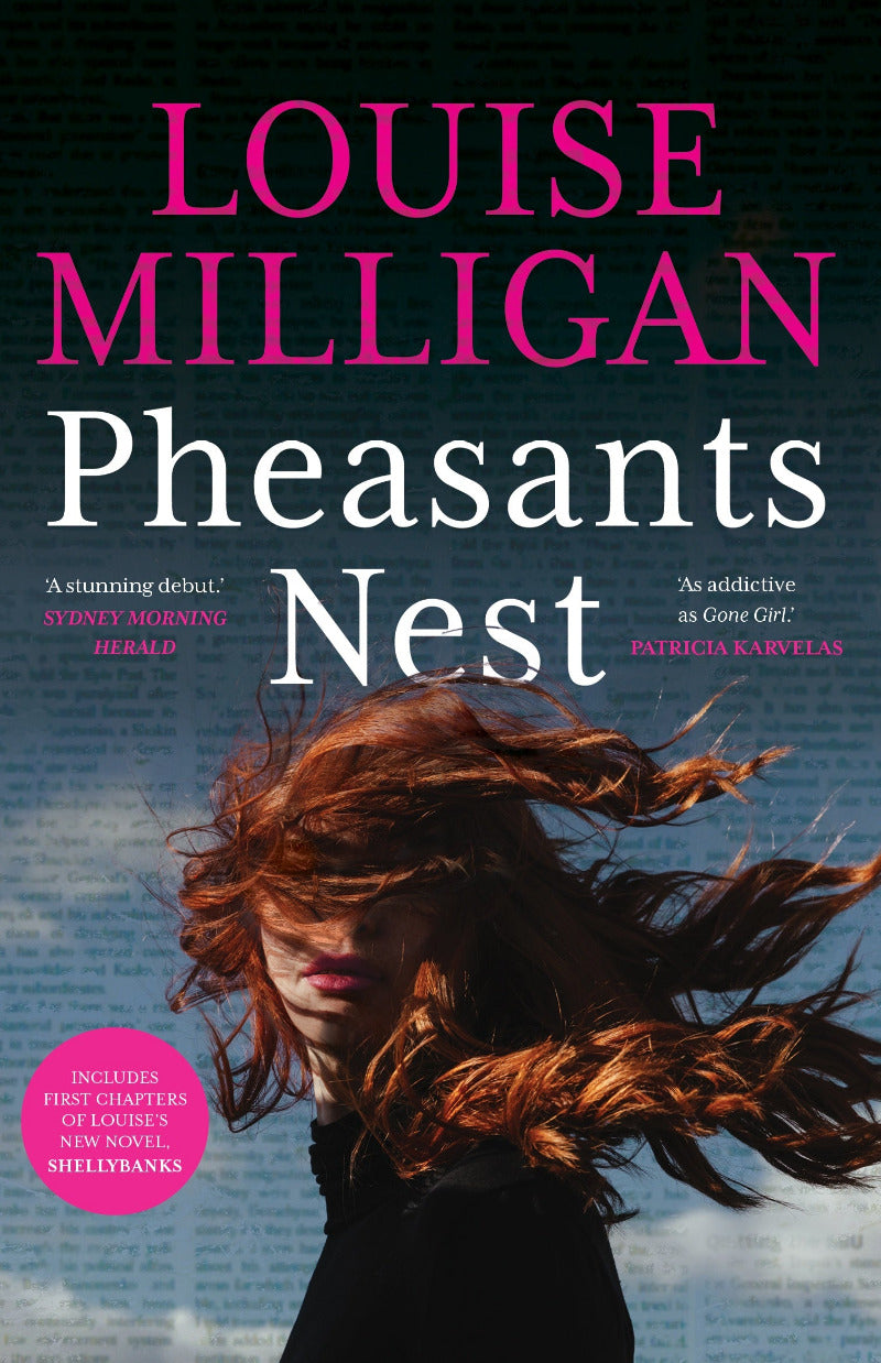 Book cover of 'Pheasants Nest' by Louise Milligan with a woman's face and flowing hair.