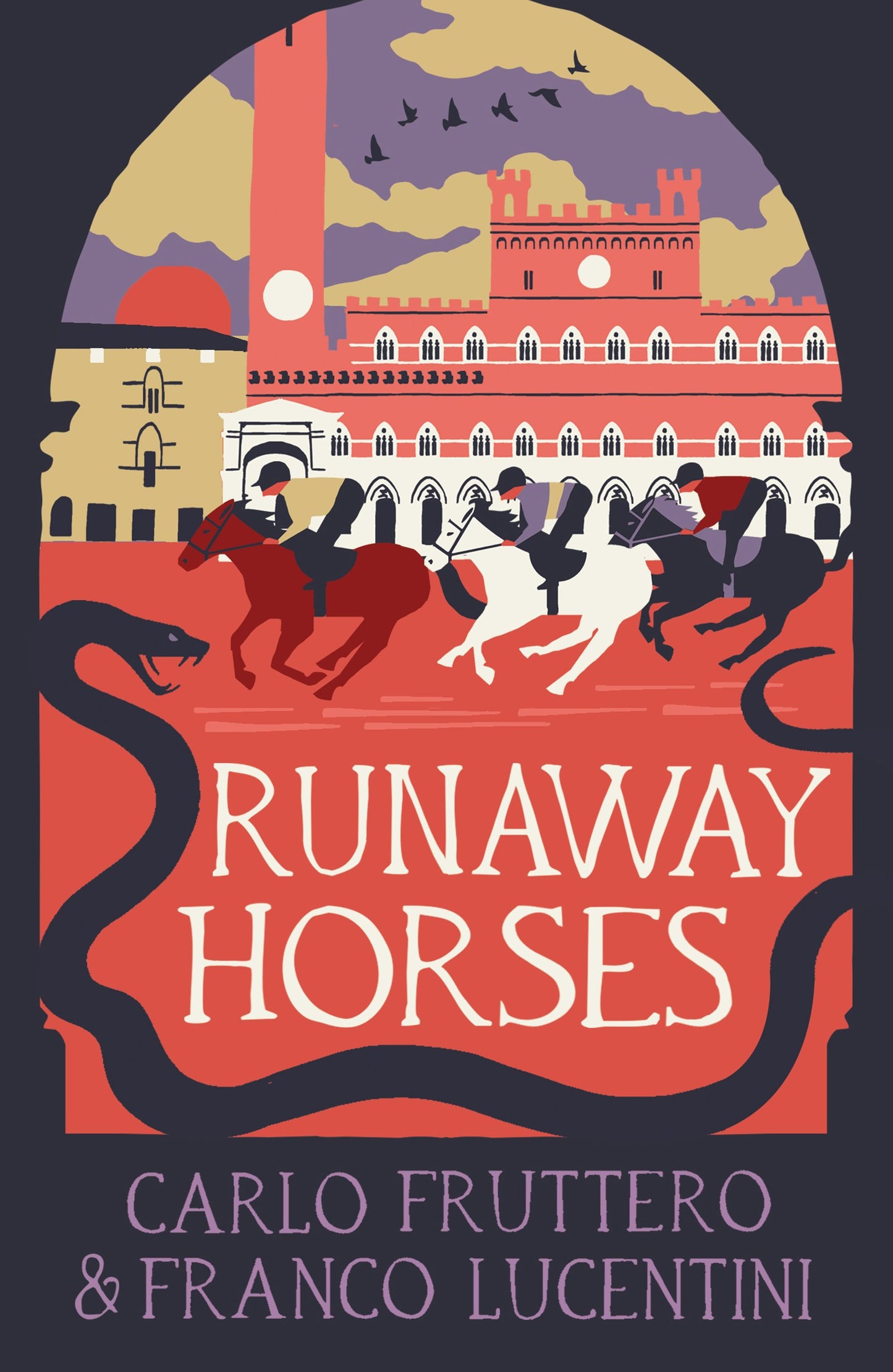 Book cover of 'Runaway Horses' with illustrations of horses and buildings.