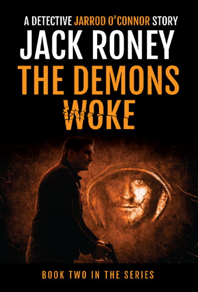 Book cover of 'The Demons Woke' featuring a silhouette of a person and a glowing face.