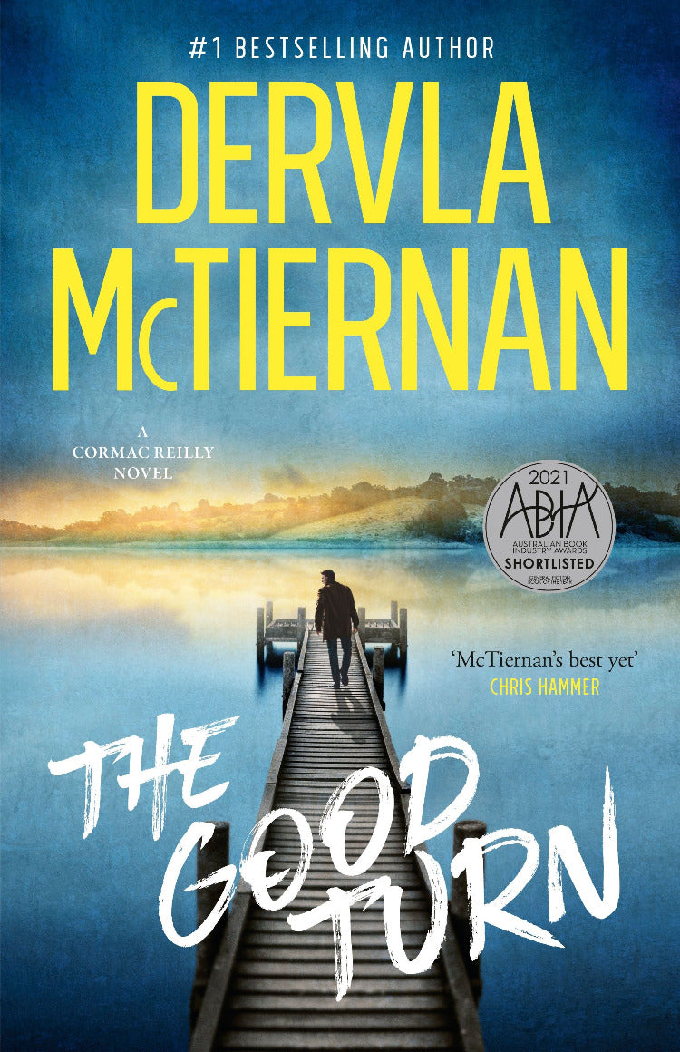 Book cover of 'The Good Turn' by Dervla McTiernan with a dock and sunset scene.