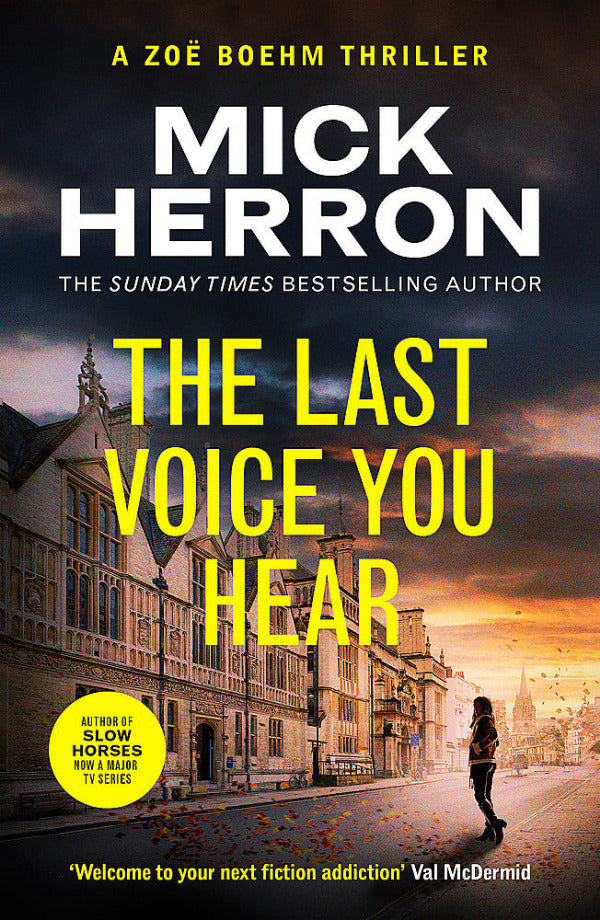 Book cover of 'The Last Voice You Hear' by Mick Herron with a silhouette of a woman and a cityscape.