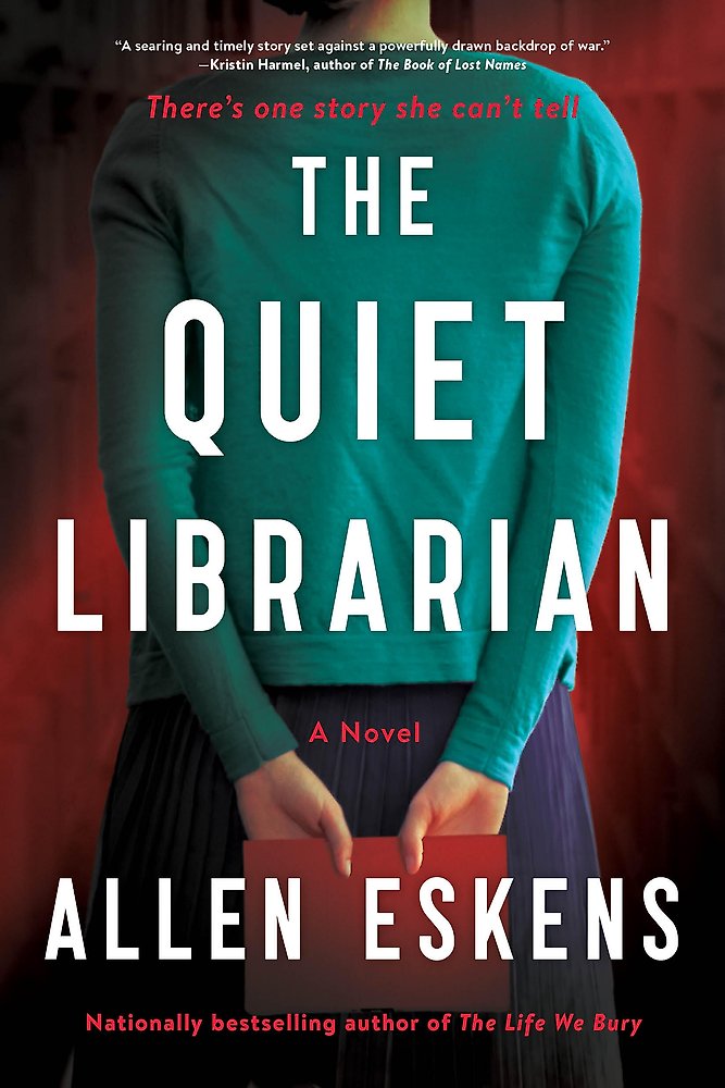 Book cover of 'The Quiet Librarian' by Allen Eskens with a person wearing a teal sweater.
