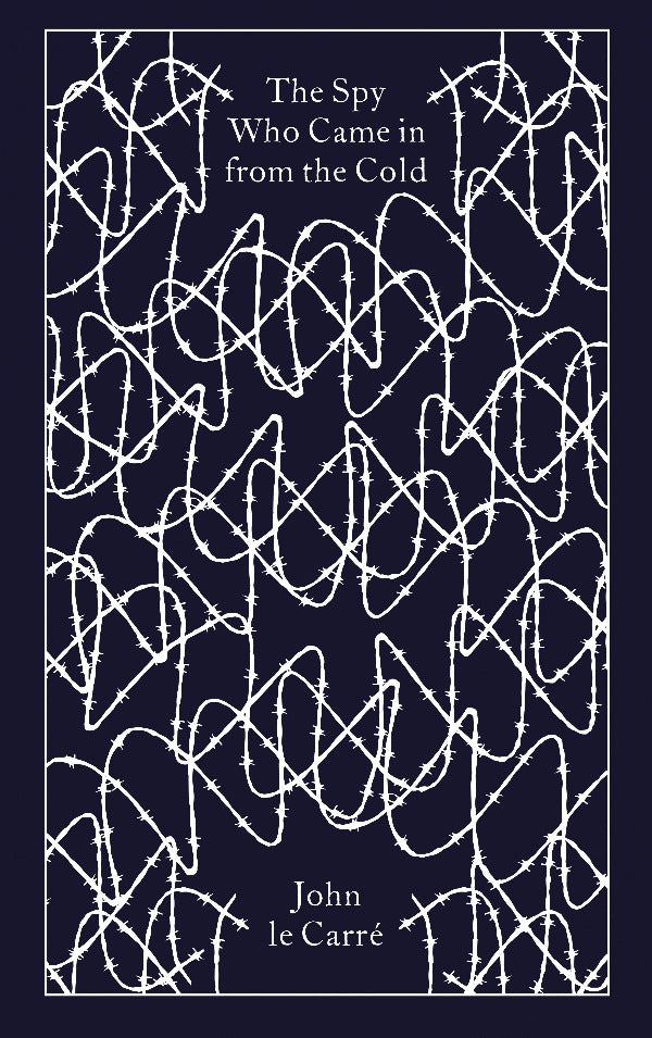 Book cover of 'The Spy Who Came in from the Cold' by John le Carré with abstract white line design on a dark blue background.