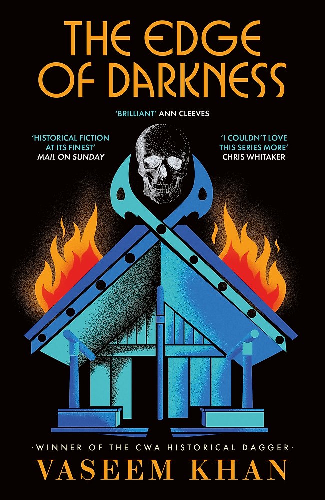 Book cover of 'The Edge of Darkness' with a skull, flames, and architectural elements on a black background.
