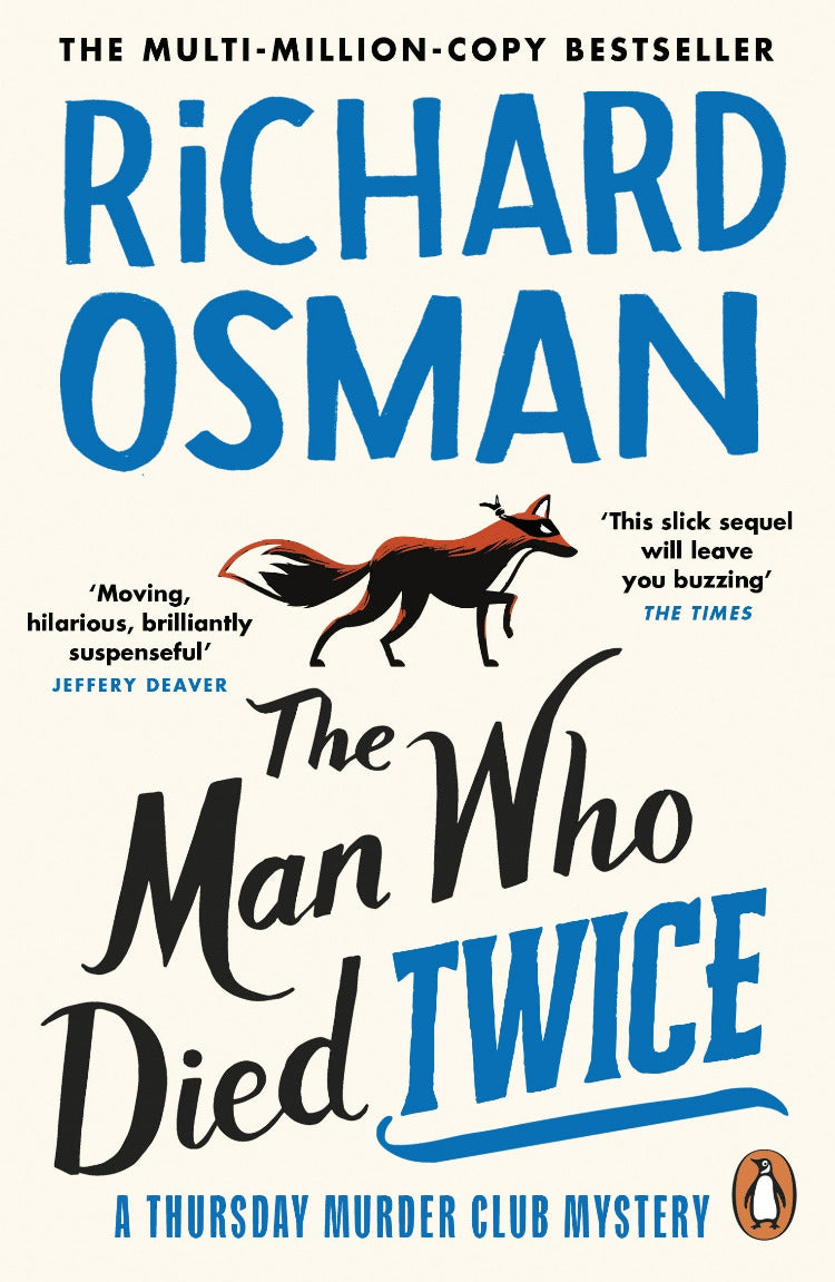 Book cover of 'The Man Who Died Twice' by Richard Osman with a fox illustration.
