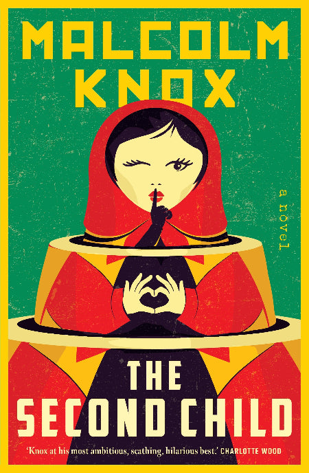Book cover for 'The Second Child' by Malcolm Knox, featuring a stylized illustration of a woman in a red hood seated in a chair against a green background with yellow text.