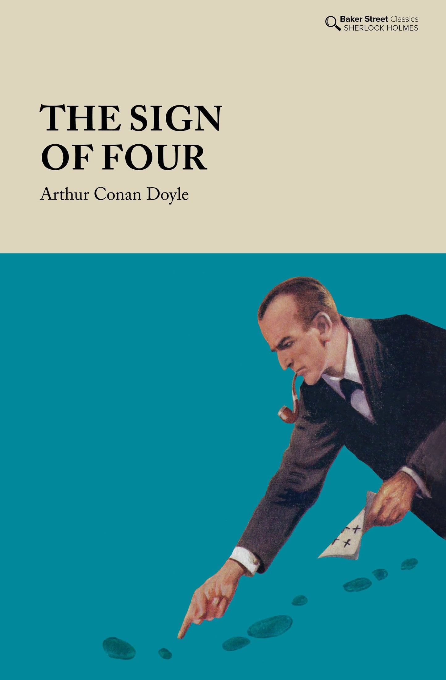Book cover of 'The Sign of Four' by Arthur Conan Doyle with a stylized illustration of a character pointing at footprints.