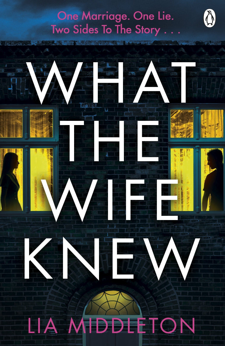 Book cover of 'What the Wife Knew' with silhouette of a couple and spider web design.