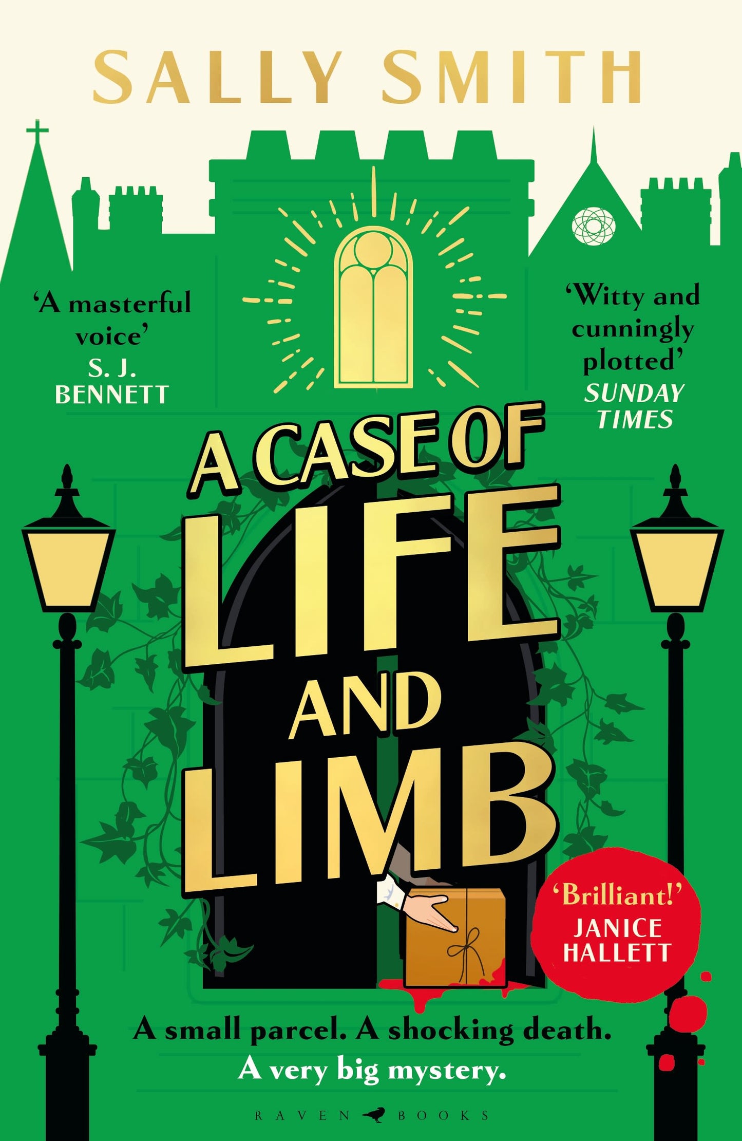 The Cover of A Case of Life and Limb by Sally Smith with bright green building in the background and street lamps at the front.