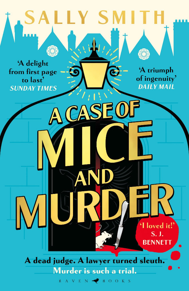 Book cover of 'A Case of Mice and Murder' by Sally Smith with a blue background and yellow text.