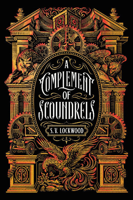 Book cover of 'A Complement of Scoundrels' with intricate design elements on a black background