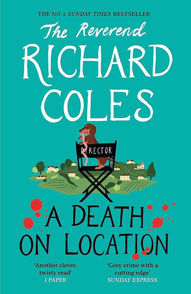 Book cover of 'A Death on Location' by The Reverend Richard Coles with a stylized illustration of a woman in a chair labeled 'rector' against a teal background.