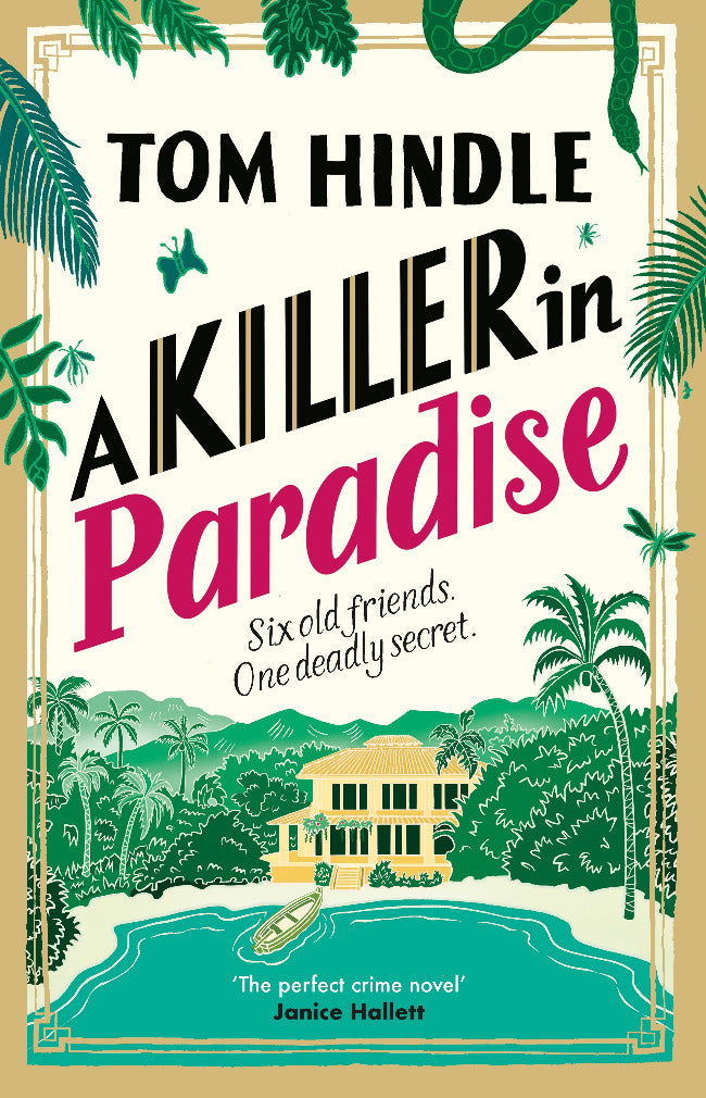Book cover of 'A Killer in Paradise' by Tom Hindle with tropical scenery and palm trees.