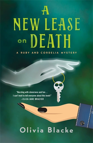 Book cover of 'A New Lease on Death' by Olivia Blacke with a hand holding a key against a green background.