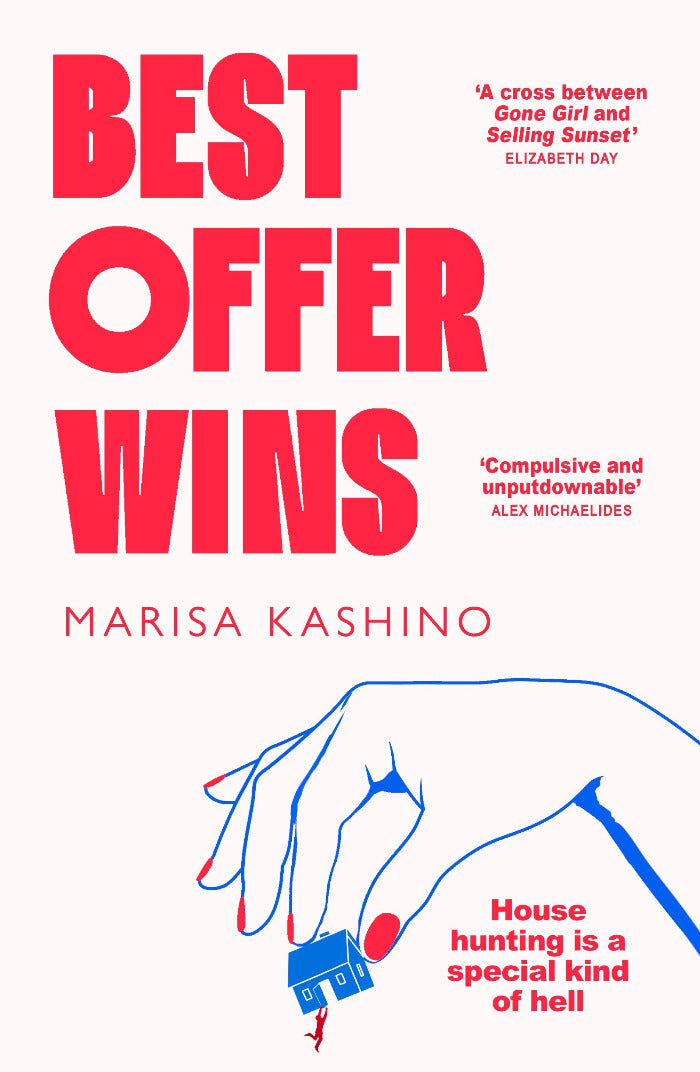 Cover of Best Offer Wins by Marisa Kashino shows a hand holding a tiny house shaking a human out of the house.