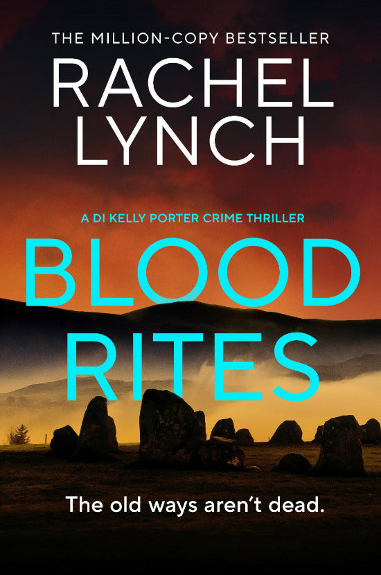 Book cover of 'Blood Rites' by Rachel Lynch with a sunset and stones in the background.