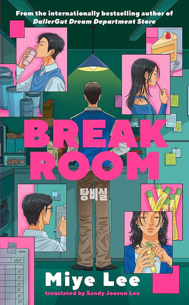 Book cover of 'Break Room' with illustrations of people in a break room setting.