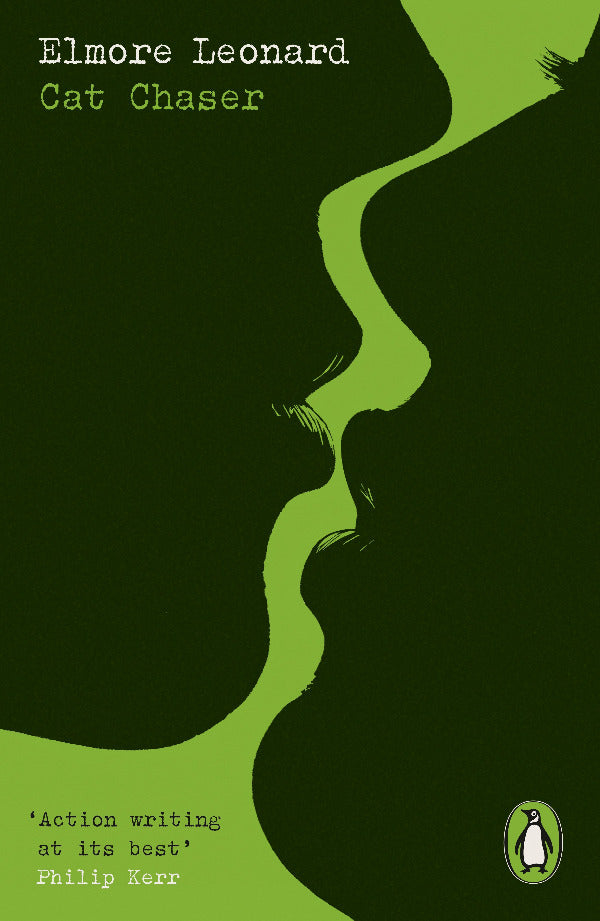 Book cover of 'Cat Chaser' by Elmore Leonard with a green and black design.