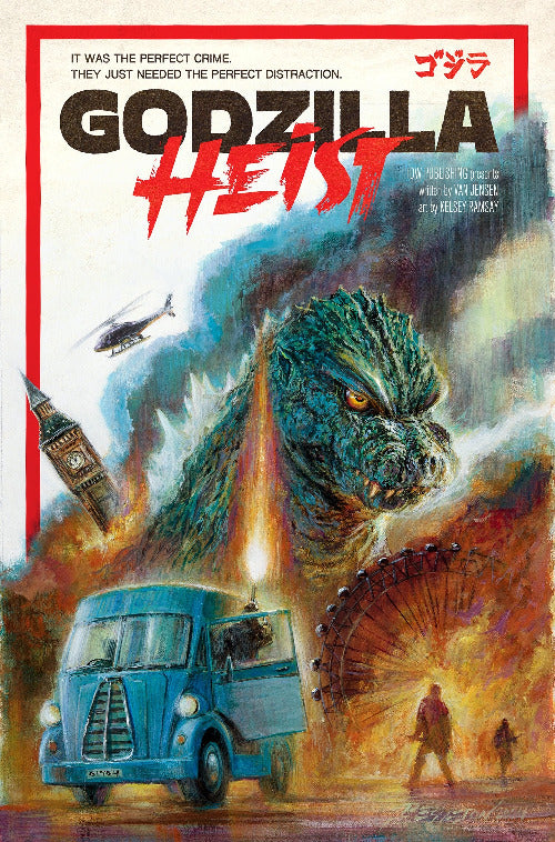 Movie poster for 'Godzilla Heist' featuring Godzilla, a truck, and helicopters with a cityscape background.