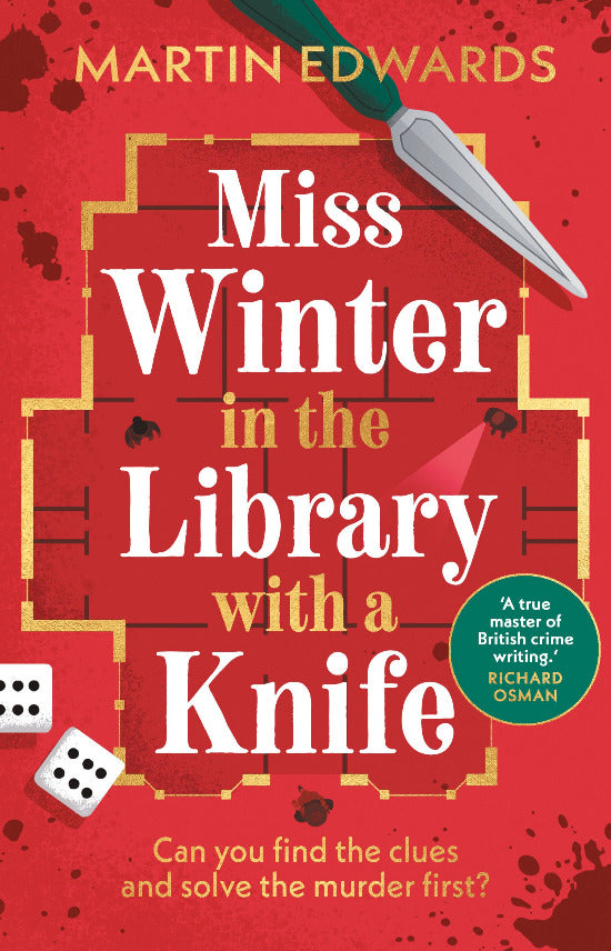 Book cover of 'Miss Winter in the Library with a Knife' by Martin Edwards on a red background.