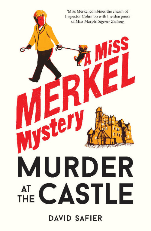 Book cover of 'A Miss Merkel Mystery: Murder at the Castle' with a person and dog illustration.