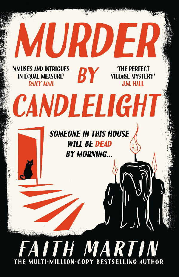 Book cover of 'Murder by Candlelight' with candles, a cat, and text on a white background