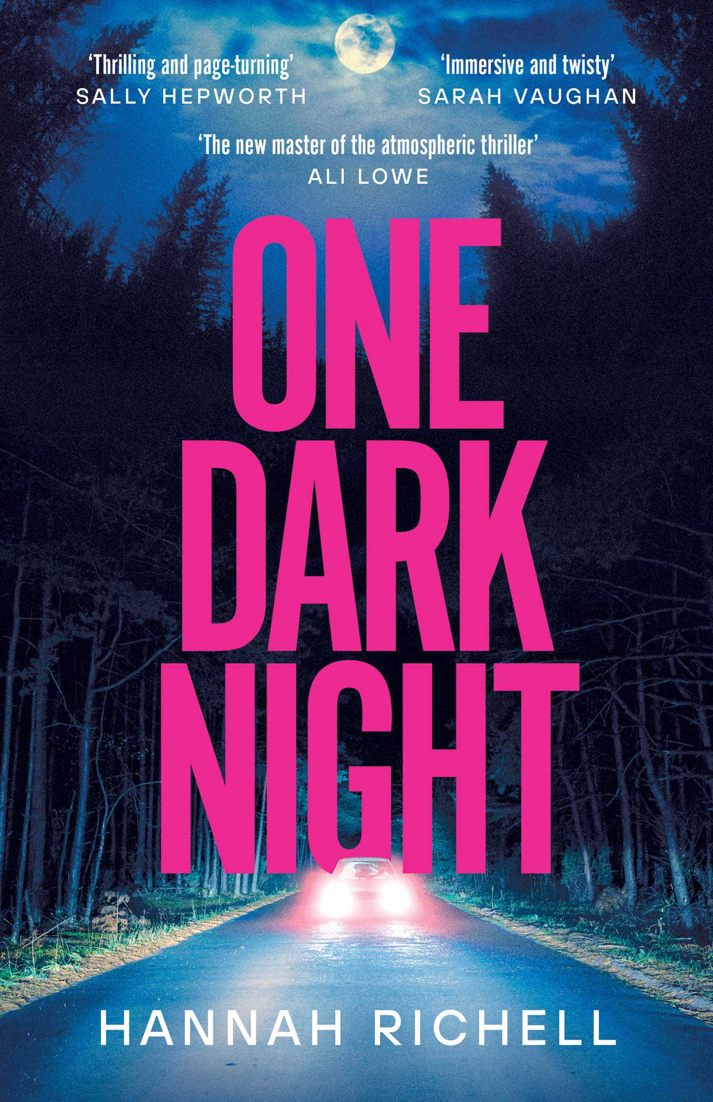 Book cover of 'One Dark Night' with a dark road scene and pink text.