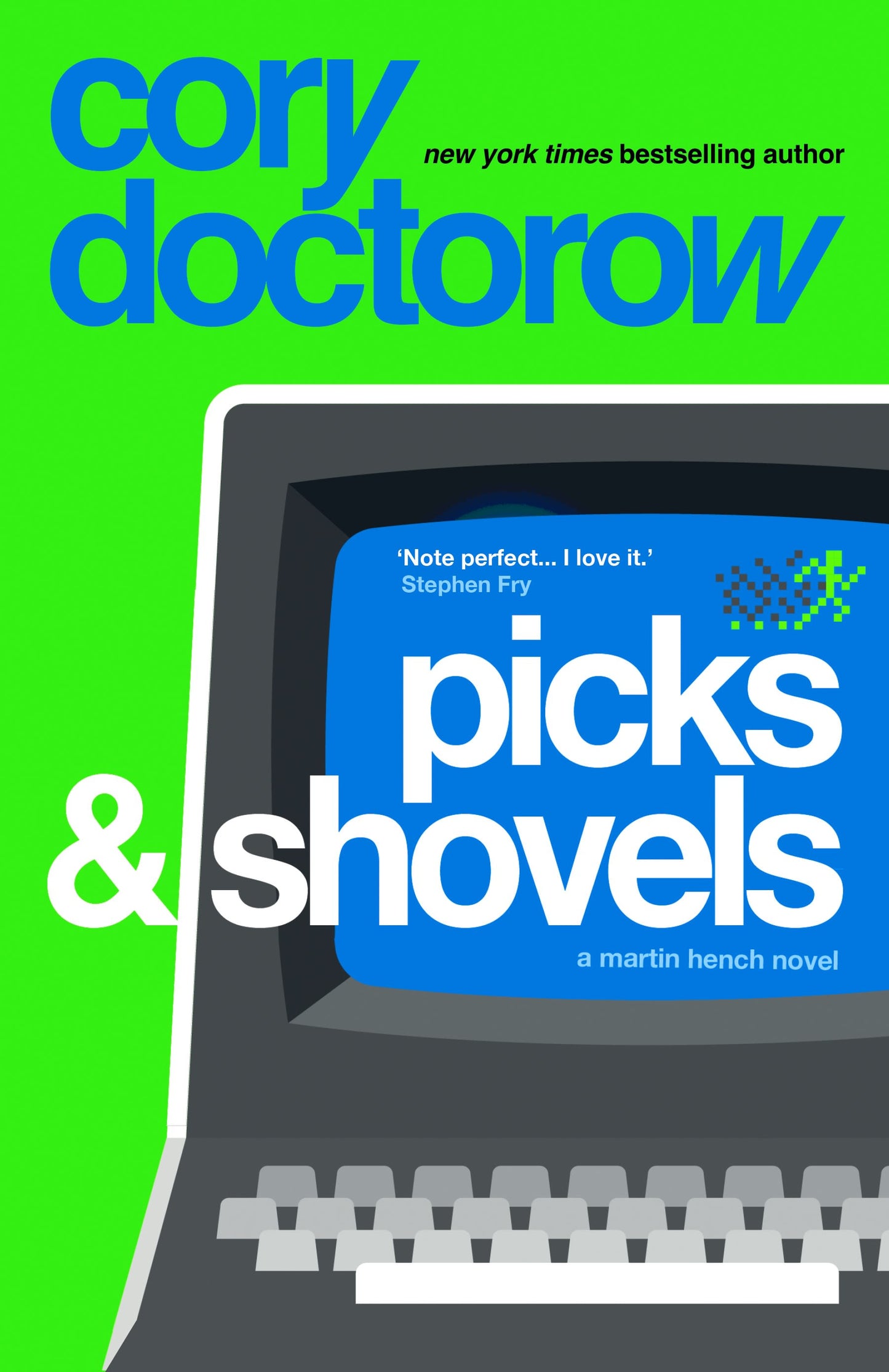 Book cover of 'picks & shovels' by Cory Doctorow with a laptop graphic on a green background.