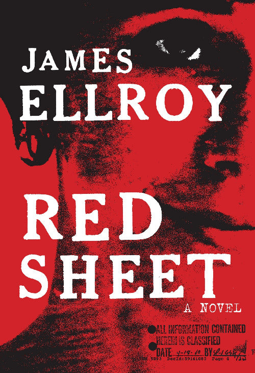 Book cover for the novel 'Red Sheet' by James Ellroy, featuring a high-contrast red and black graphic background with a stylized face and large white title text.