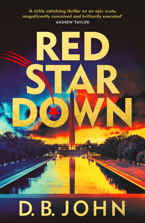 Book cover of 'Red Star Down' with a sunset over a reflective surface and red star symbol.