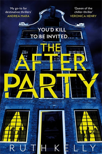 Book cover of 'The After Party' with yellow text on a blue building background