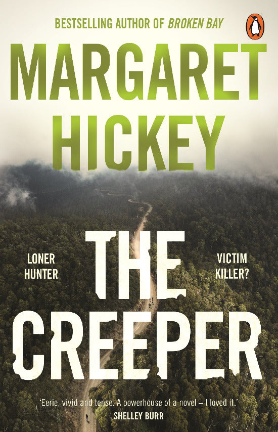Book cover of 'The Creeper' by Margaret Hickey with a road through a forest and text about the author and book.