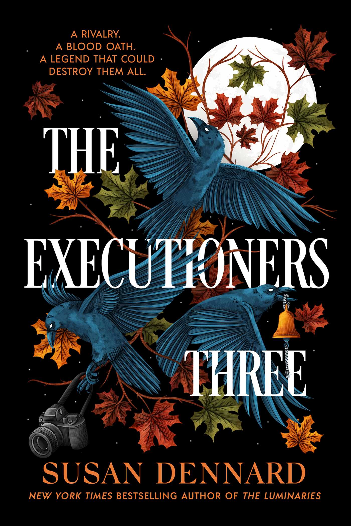 Book cover of 'The Executioners Three' with birds and leaves on a dark background