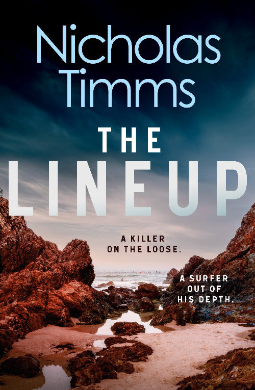 Book cover for 'The Lineup' by Nicholas Timms, featuring a rocky coastal beach scene with large white title text and the author's name in light blue at the top.