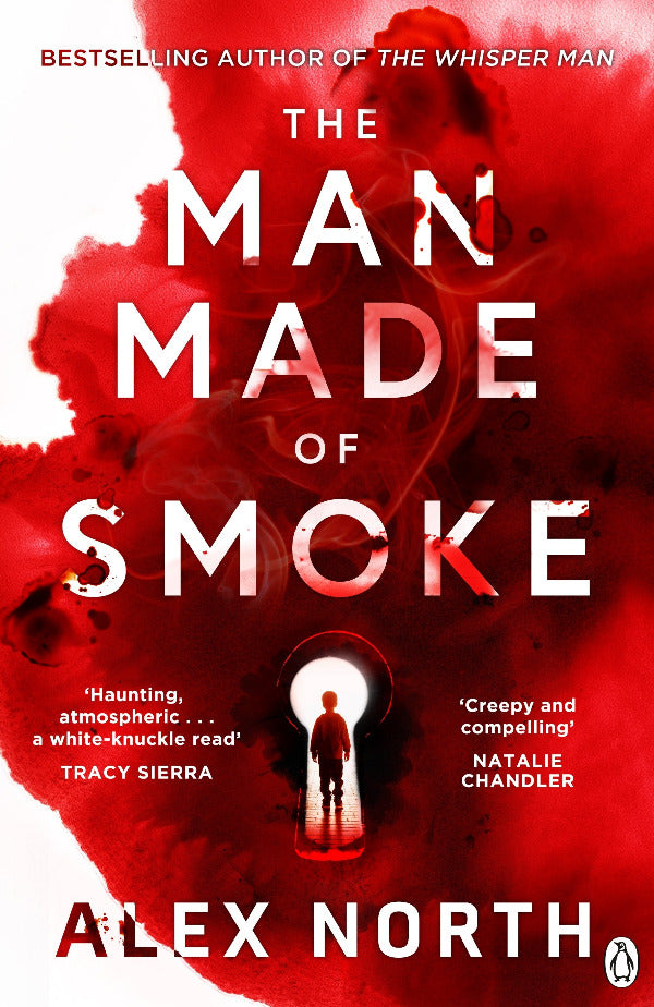 Book cover of 'The Man Made of Smoke' with red smoke and silhouette design.